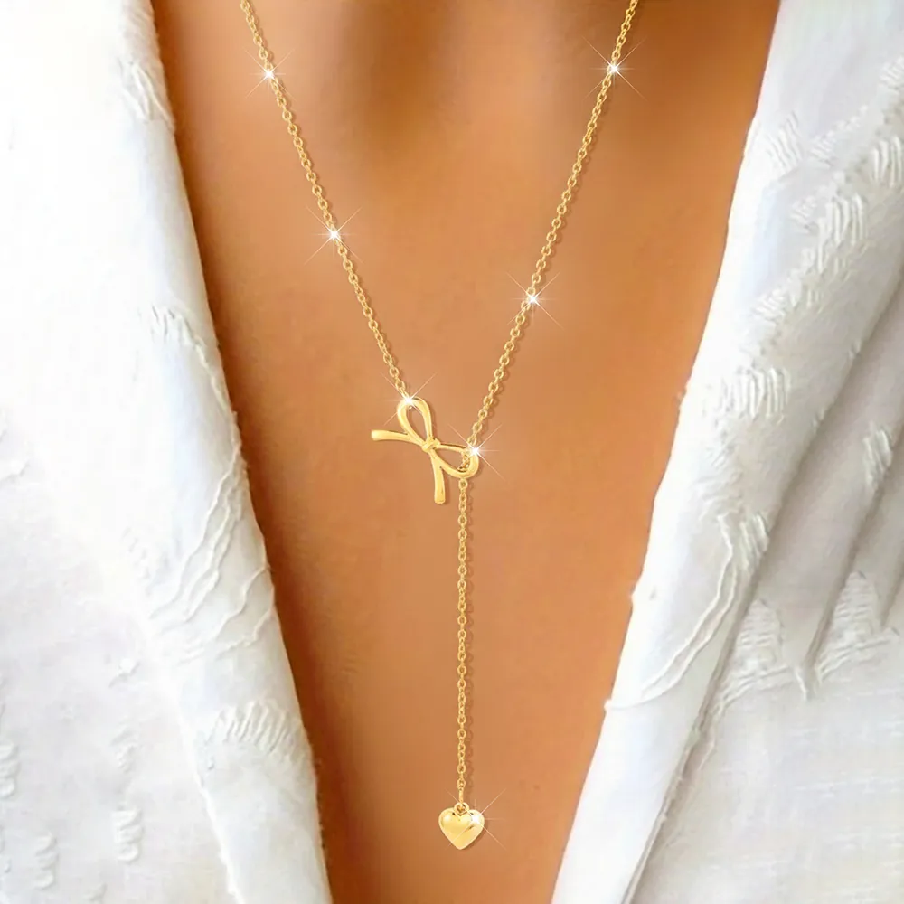 Collier Lariat En Acier Inoxydable Nœud Papillon Cœur Gland Élégant Minimaliste Chaîne En Y Pour Femmes Bijoux
