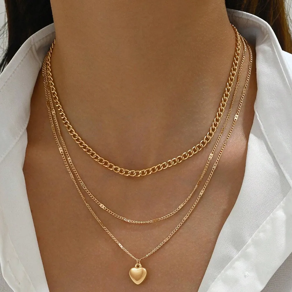Mode Edelstahl Dreilagige Herz Anhänger Halskette Für Damen Elegante Gold Silber Ton Panzerkette Feiner Schmuck