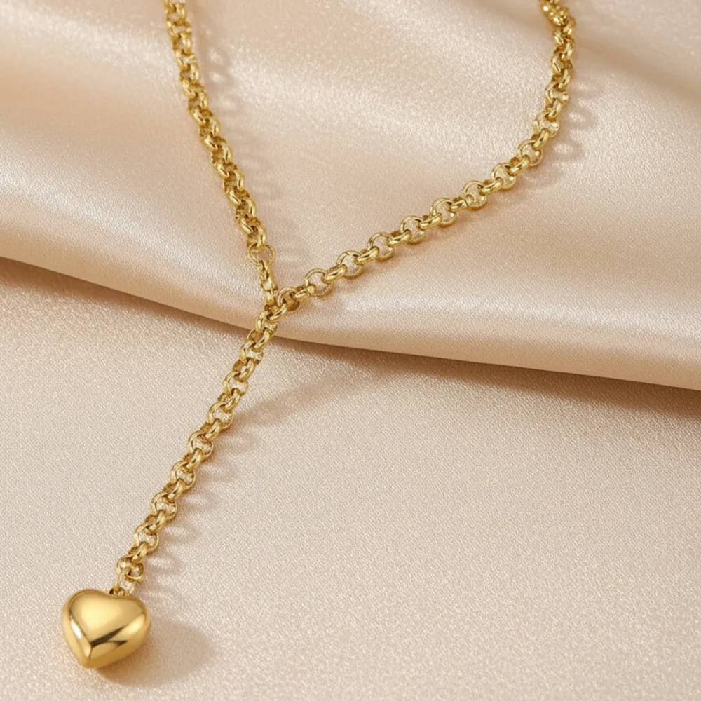 Collier Y-Lariat en Acier Inoxydable Minimaliste avec Pendentif Cœur Plaqué Or Argent Chaîne Rolo Ajustable Bijoux pour Femmes Cadeau