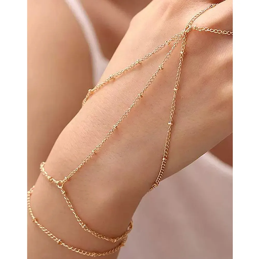 Stainless Steel Layered Beaded Finger Ring Hand Chain For Women Girls Fashion Jewelry