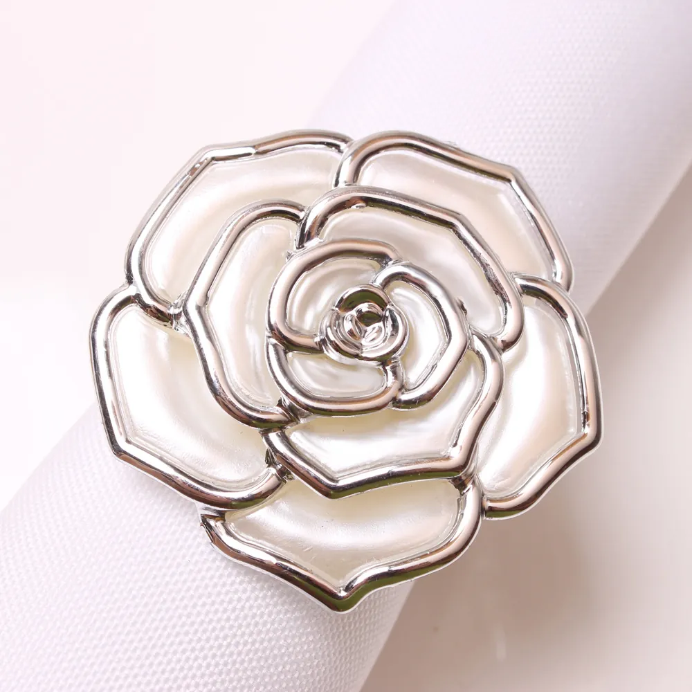 Rose Flower Napkin Ring Silver Plated Metal Base Plastic Camellia Shape Elegant Table Decoration For Valentine Wedding Dinner