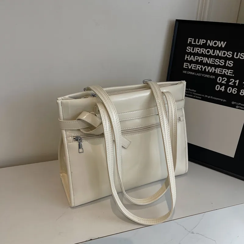 Sac À Main Femme En Cuir PU Brillant Grande Capacité Sac Cabas Rétro Sac À Épaule De Banlieue Avec Poche Zippée Style Simple