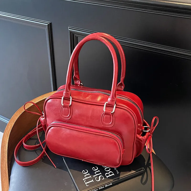 Bolso de Hombro de Cuero PU Estilo Preppy Vintage para Mujer Bolso de Mano de Gran Capacidad Bandolera Con Decoración de Lazo