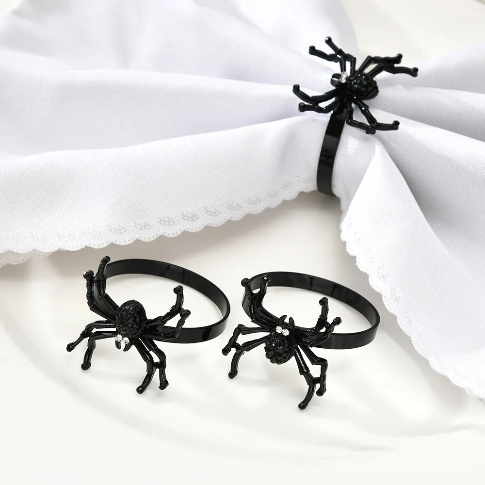 Halloween Spider Napkin Ring Black Alloy Rhinestone Gothic Party Dining Table Decorative Ornament