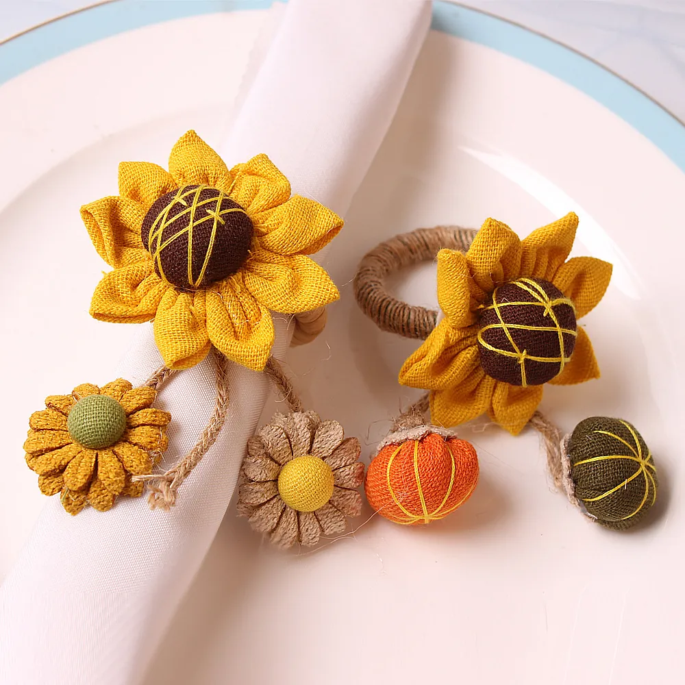 Sunflower Napkin Rings Handmade Cloth Pumpkin Maple Leaf Fall Harvest Thanksgiving Table Decor Rustic Burlap Holder