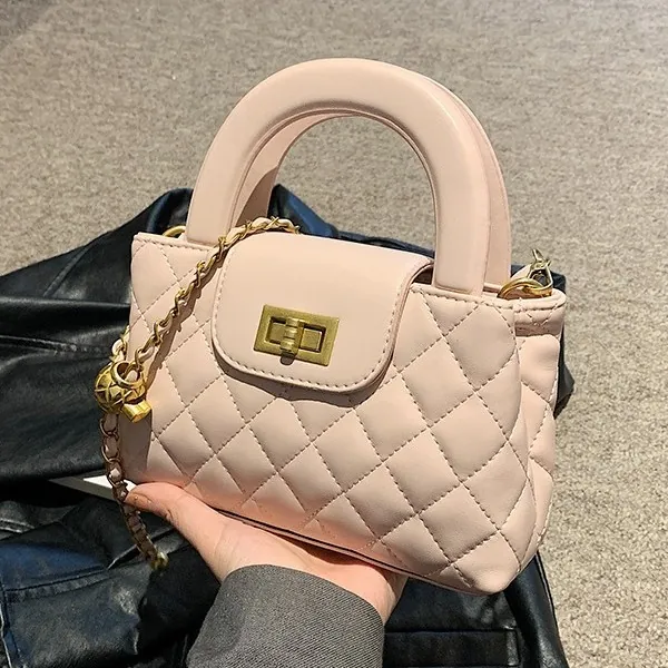 Quilted PU Leather Chain Crossbody Bag With Top Handle Gold Lock Small Square Handbag For Women Elegant Daily