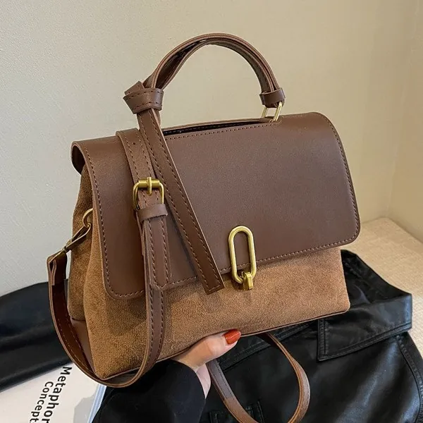 Vintage Women Stitching PU Suede Crossbody Bag Gold Buckle Retro Small Square Handbag Commute Shoulder Bag For Ladies