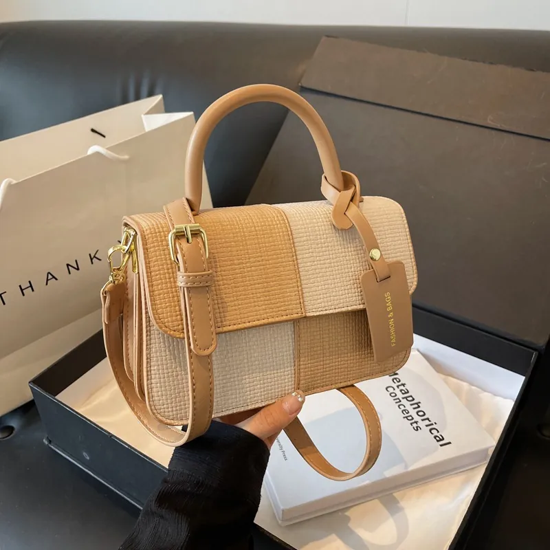 Retro Farbblock Gewebte Textur PU Leder Schulter Umhängetasche Minimalistische Mode Damen Handtasche