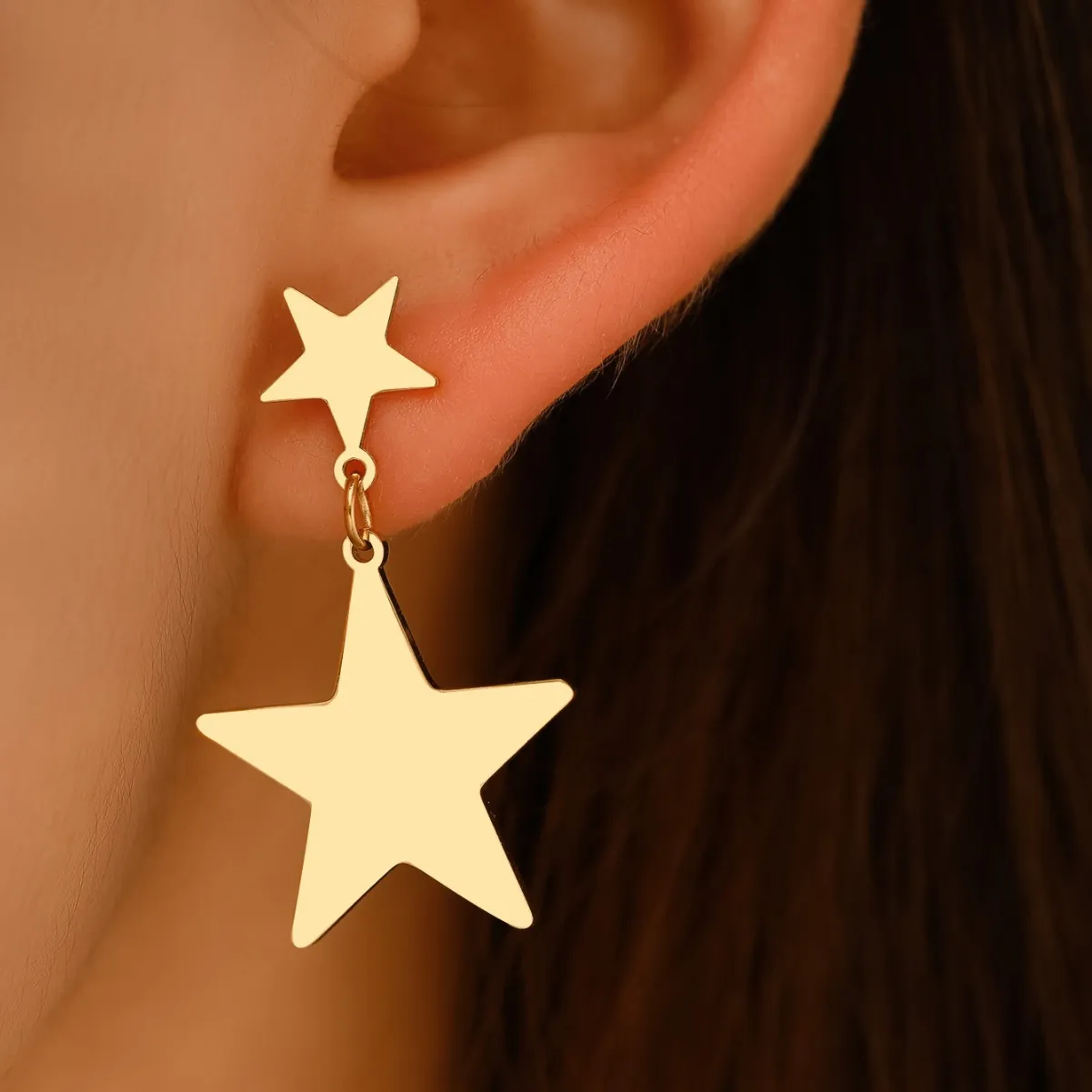 Stainless Steel Double Star Dangle Earrings Polished Pentagram Drop Jewelry For Women Fashion Cool Minimalist