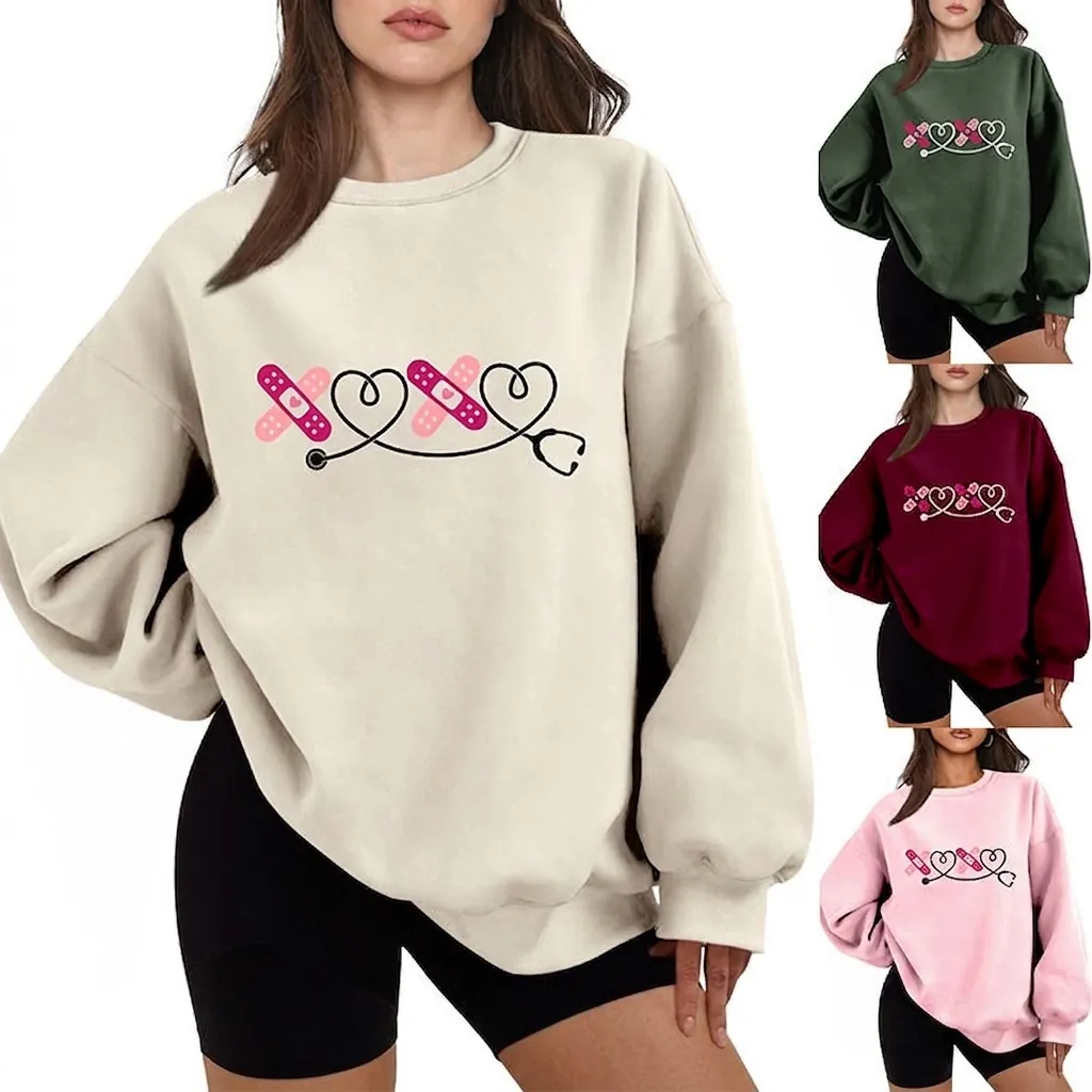 Felpa Donna Girocollo Maniche Lunghe Oversized Pullover Stetoscopio Cuore Benda Stampa Grafica Casual Fleece Top