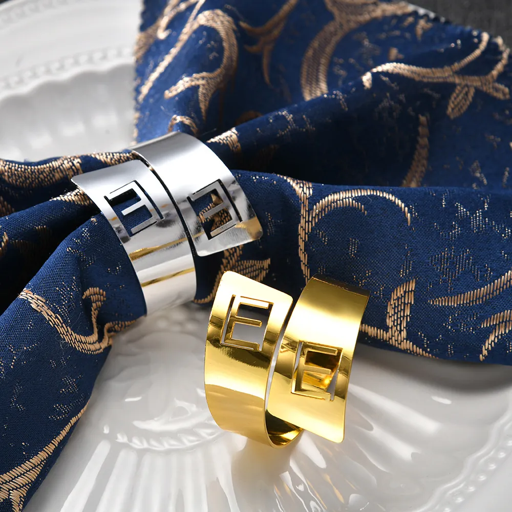 Stainless Steel Napkin Rings Hollow Letter E Geometric Design Electroplated For Wedding Dinner Table Decoration Modern