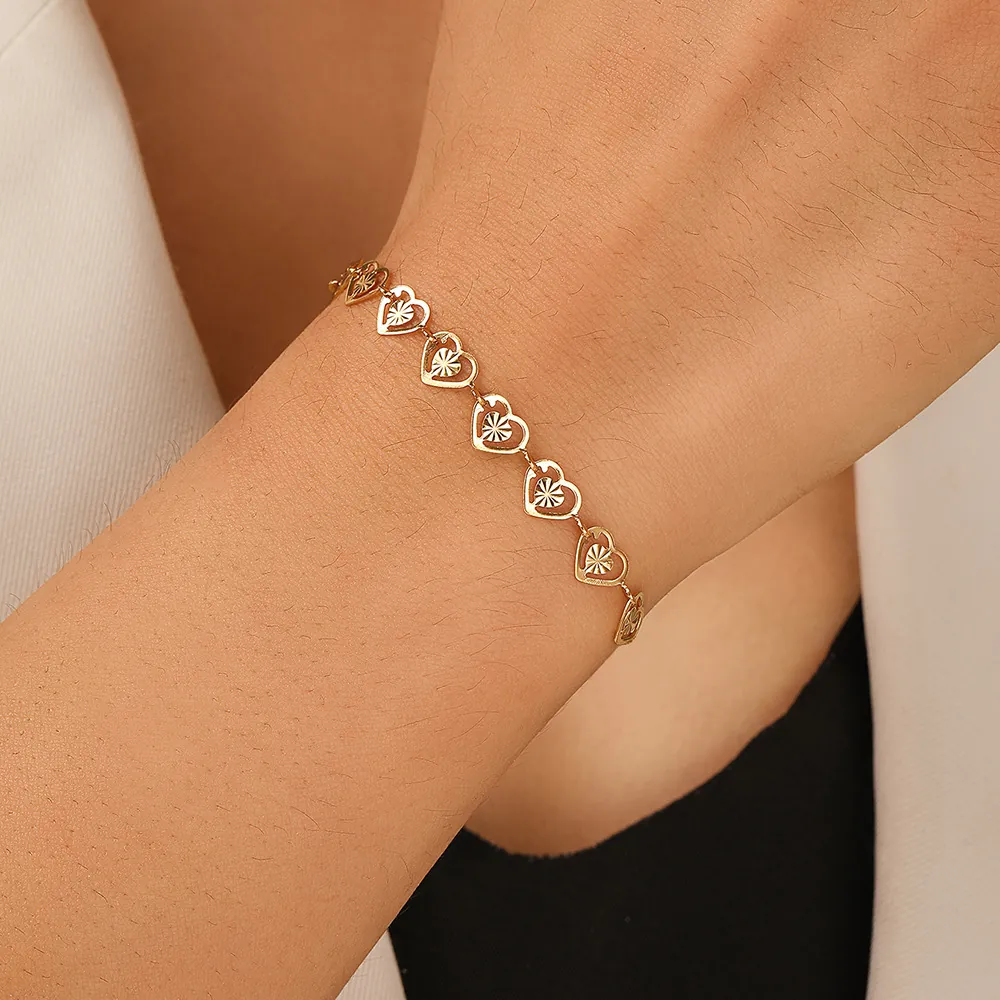 Hohlherz Armband Edelstahl 18K Vergoldet Sonnenstrahl Textur Verstellbare Kette Modeschmuck Für Damen