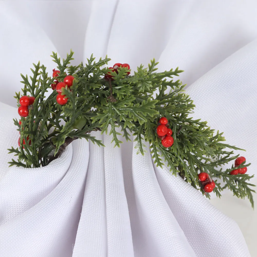 Christmas Napkin Ring Artificial Pine Needle Red Berry Wreath Table Setting Decor Holiday Party