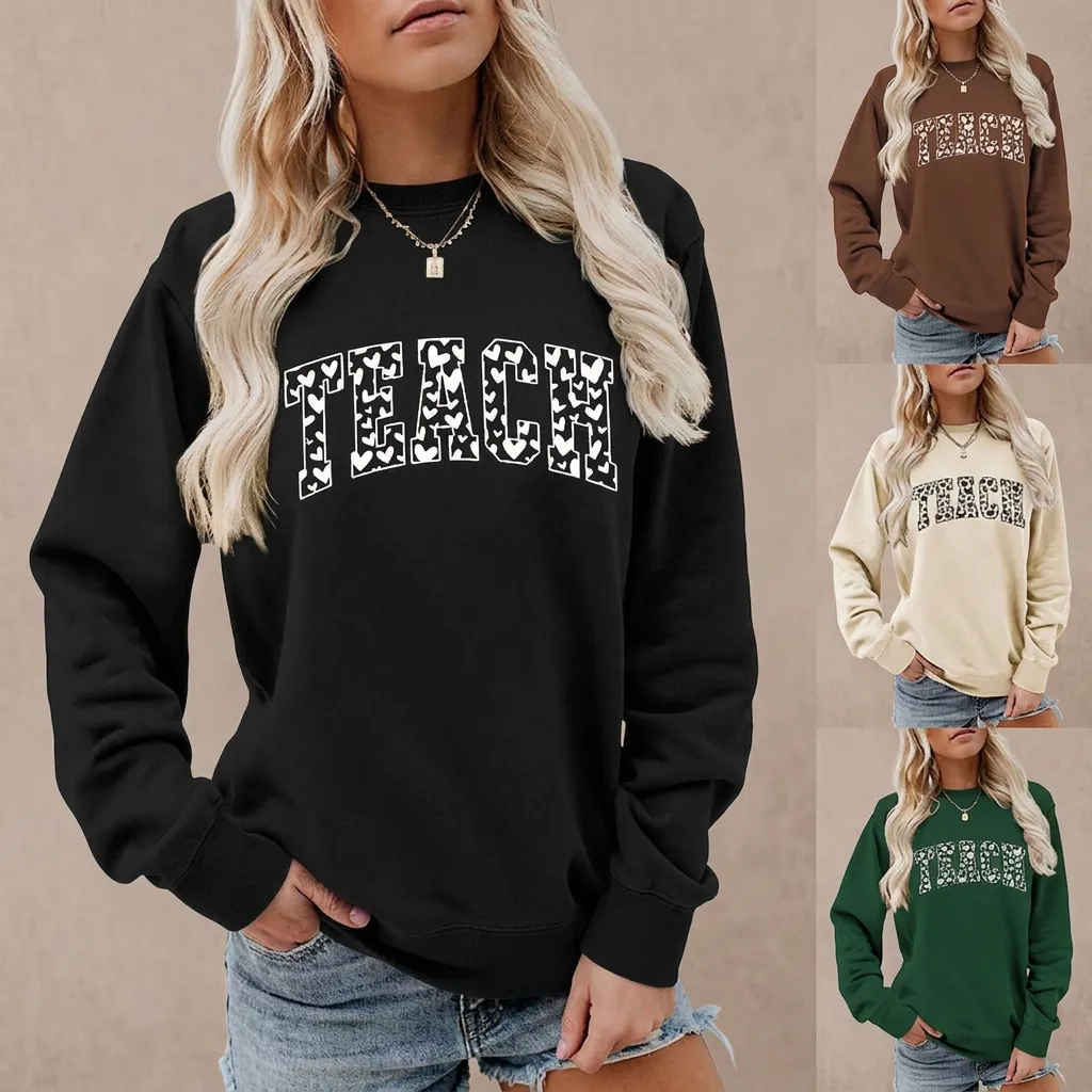 Women Cotton Sweatshirt Teach Letter Heart Print Round Neck Long Sleeve Casual Pullover Top