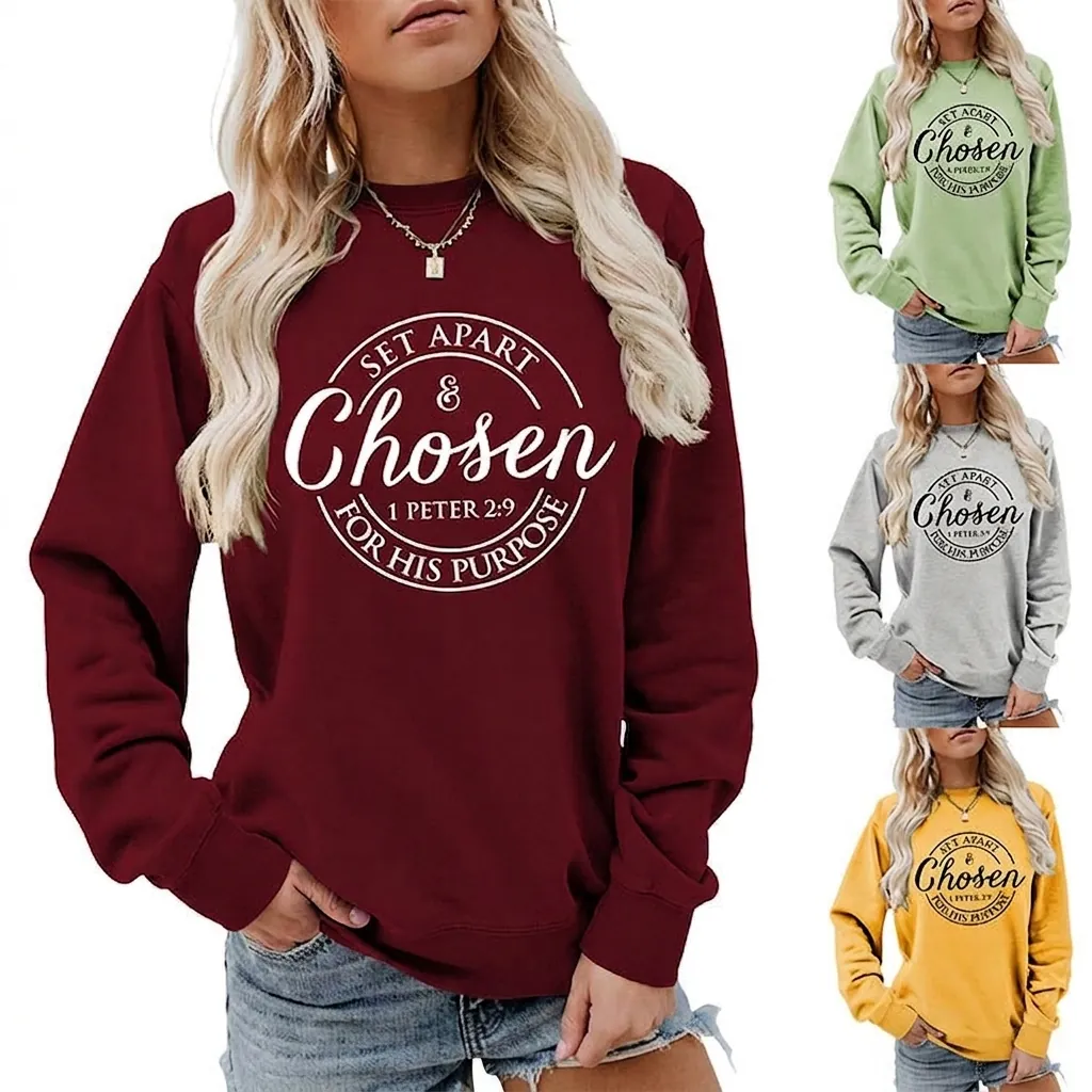 Women Casual Round Neck Long Sleeve Sweatshirt Loose Cotton Blend Pullover With Chosen 1 Peter 2:9 Scripture Print Top