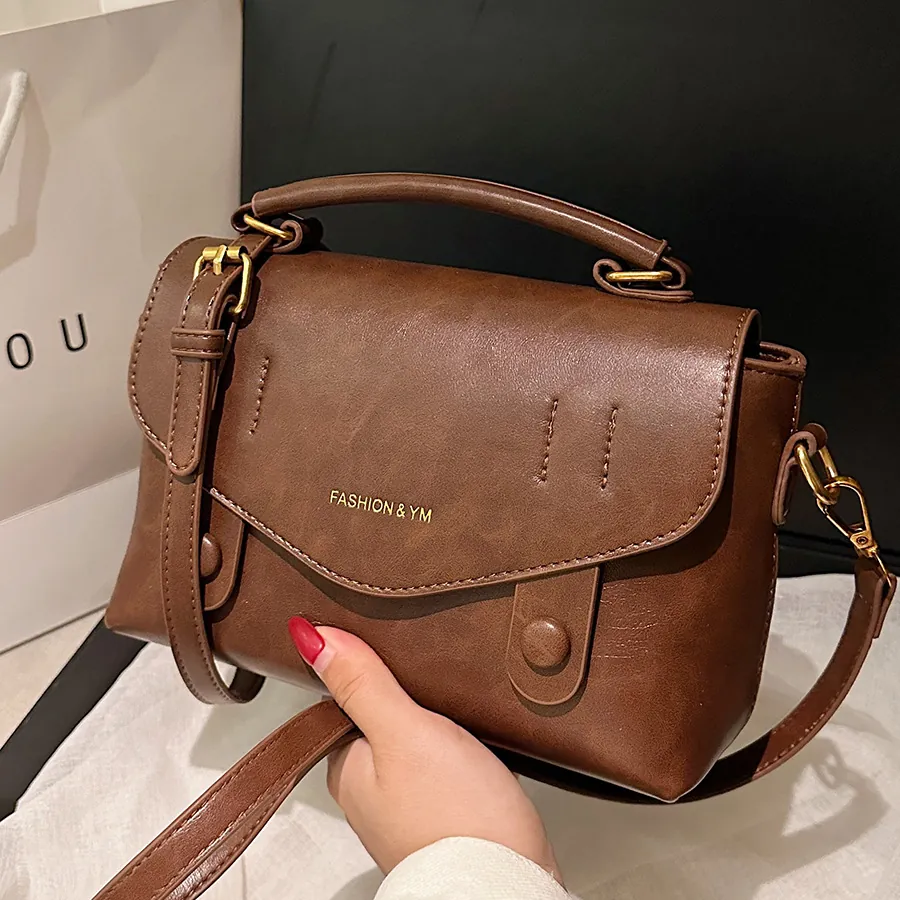 Vintage PU Leather Square Handbag With Top Handle Removable Strap Crossbody Shoulder Bag For Women Commuter Casual