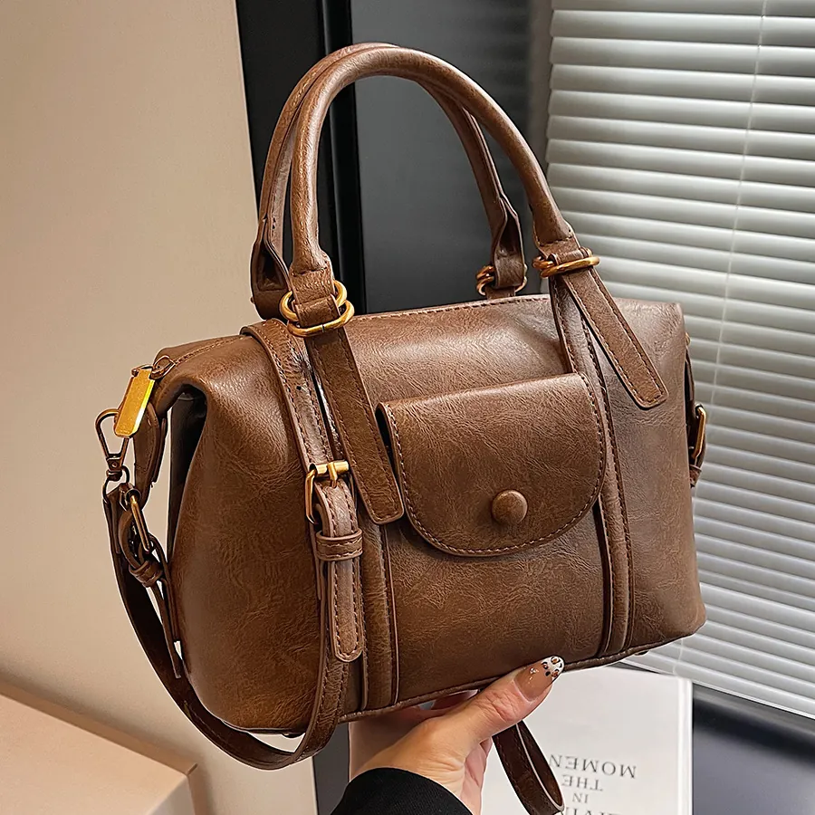 Vintage Boston Bag PU Leather Textured Handbag With Front Pocket Versatile Crossbody Shoulder Bag For Women Retro Office