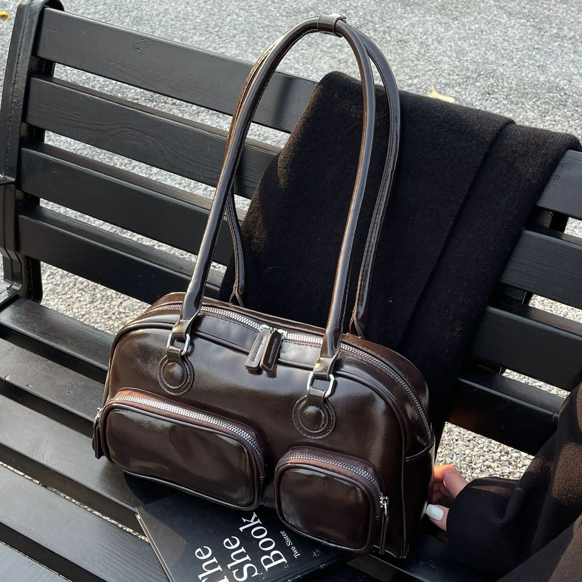 Vintage Glossy PU Leather Bowling Shoulder Bag For Women Large Capacity Multi Pocket Tote Retro Commuting Underarm Handbag