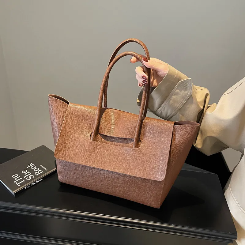 Women Large Capacity Tote Bag Lychee Grain PU Leather Minimalist Flap Commuter Shoulder Handbag Office Daily