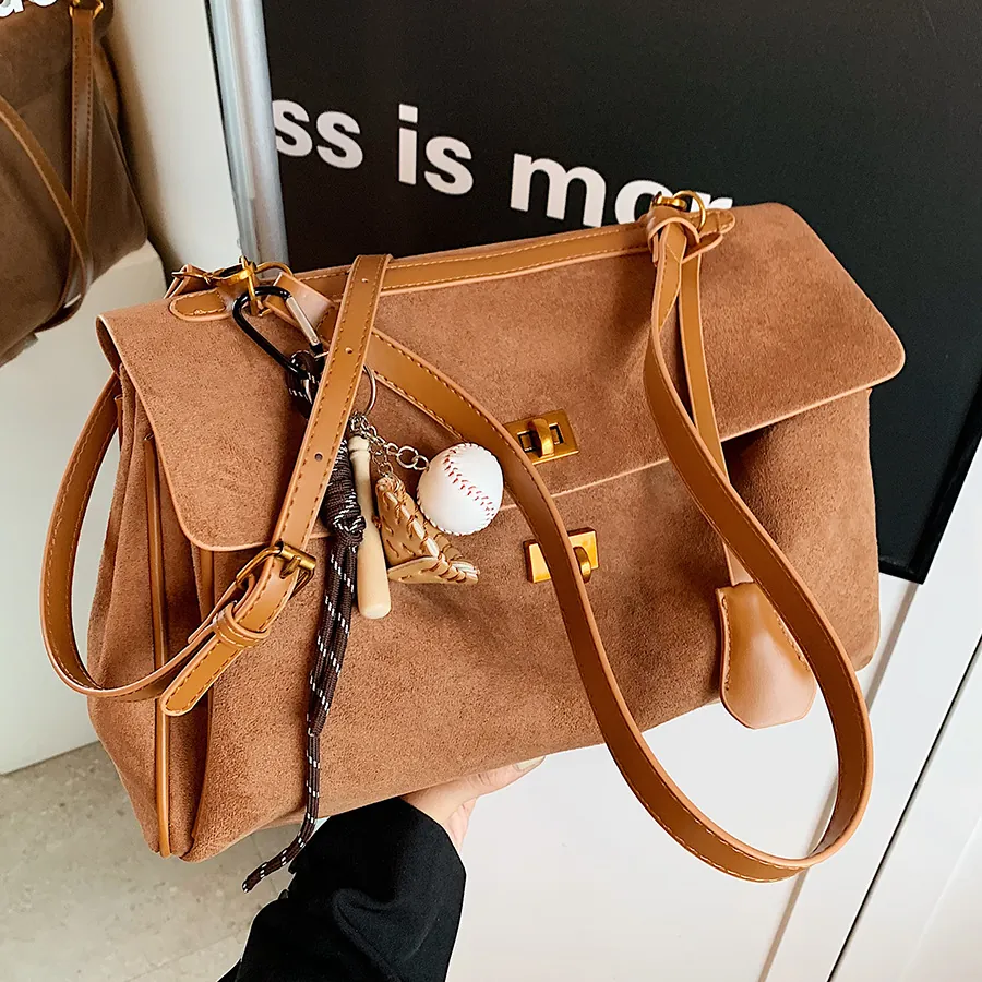 Women Vintage Frosted PU Leather Large Capacity Shoulder Bag With Baseball Charm Metal Lock Commuter Tote Crossbody Bag