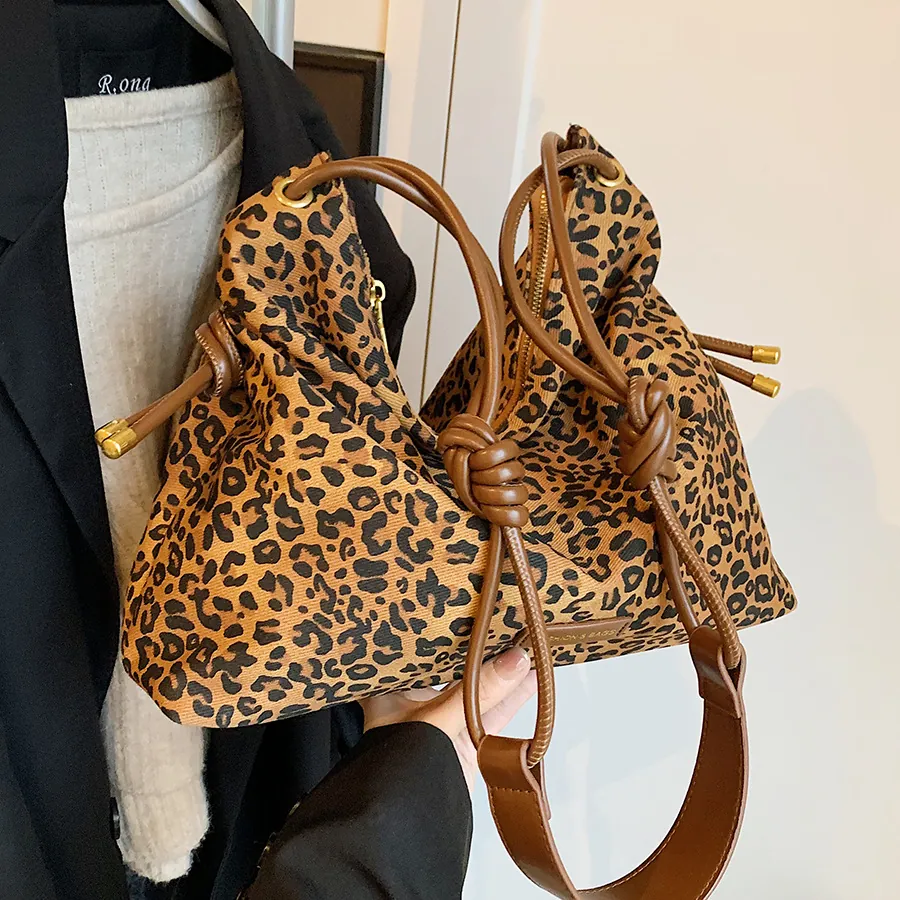 Women Leopard Print Hobo Bag Large Capacity Satin Velvet Tote Shoulder Bag Knot Strap Gold Hardware Zipper Casual Fashion