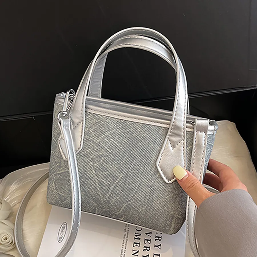 Mode Femmes Mini Sac Seau Avec Texture Marbre Similicuir PU Métallisé Sac à Épaule Bandoulière Tendance Urbain Sac à Main