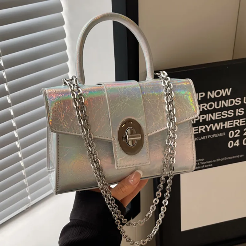 Women's Fashion Crinkled PU Leather Mini Shoulder Bag With Chain Strap Metal Twist Lock Handbag Crossbody Bag For Party