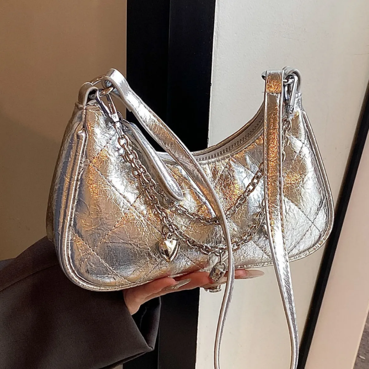 Quilted Hobo Underarm Bag PU Leather Metallic Finish With Metal Chain And Heart Charm Y2K Punk Style For Women