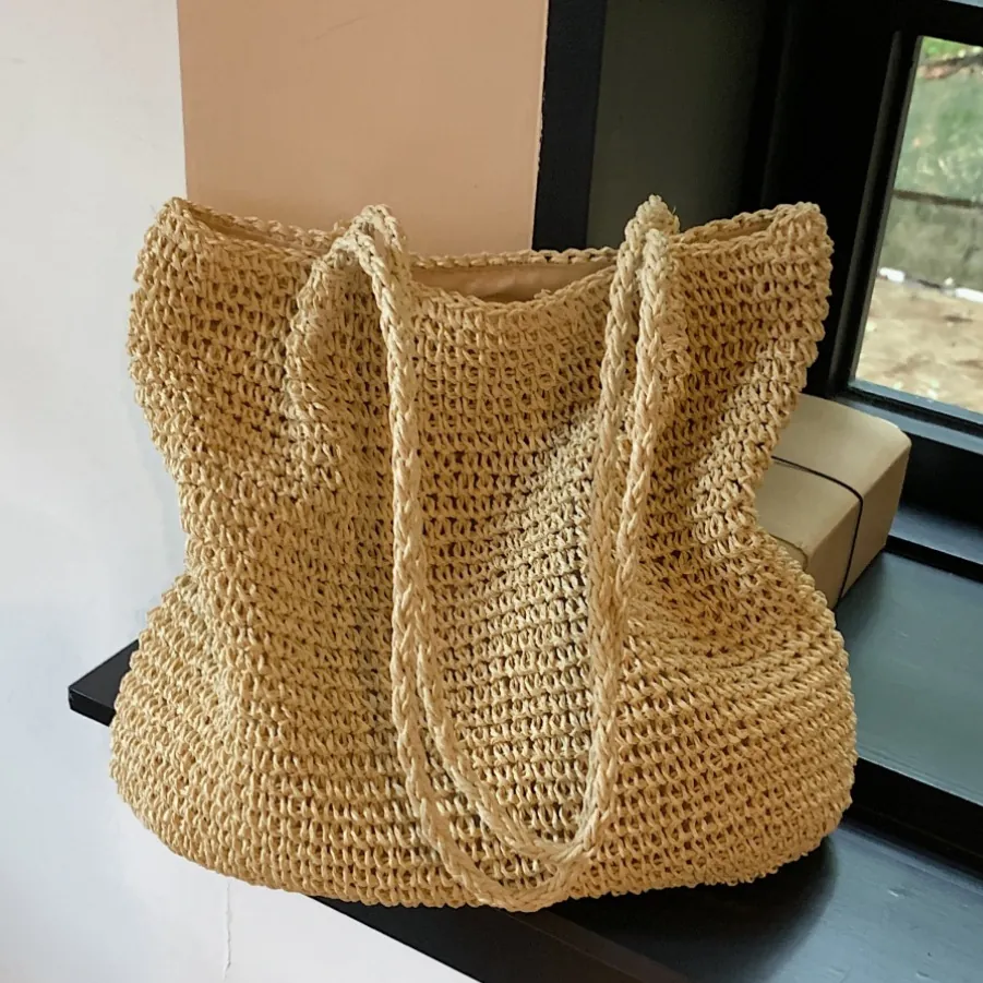 Straw Woven Tote Bag Large Capacity Summer Beach Vacation Shoulder Handbag For Women Simple Trendy Underarm Shopping Bag