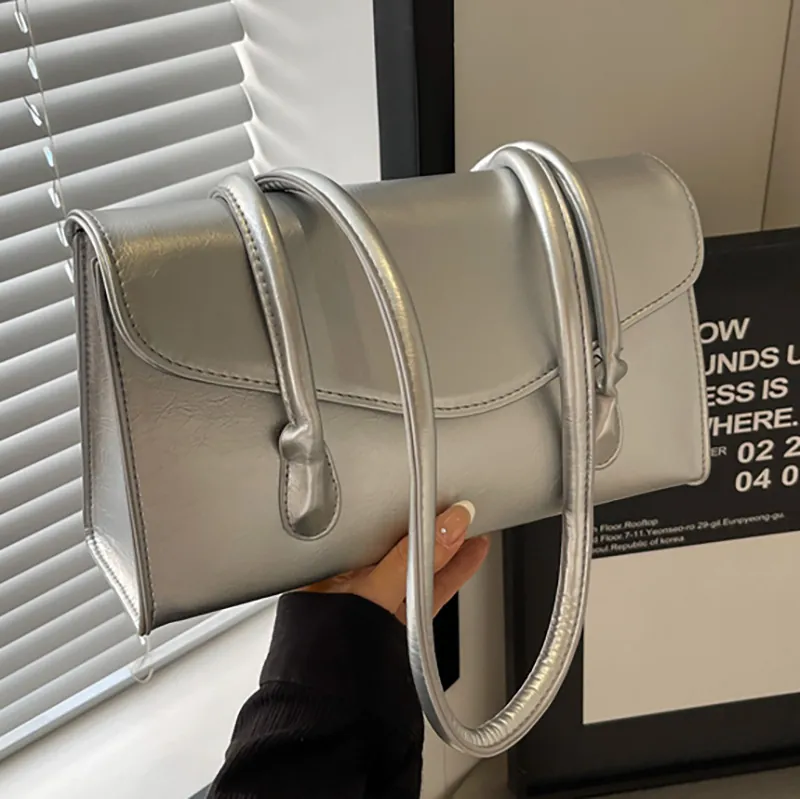 Women's Fashion Minimalist PU Leather Shoulder Bag Large Capacity Flap Underarm Bag Versatile Handbag Silver Black Red White