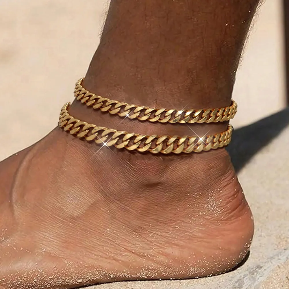 Layered Cuban Link Anklets For Women Men Alloy Double Chain Beach Foot Jewelry Adjustable Fashion Hip Hop
