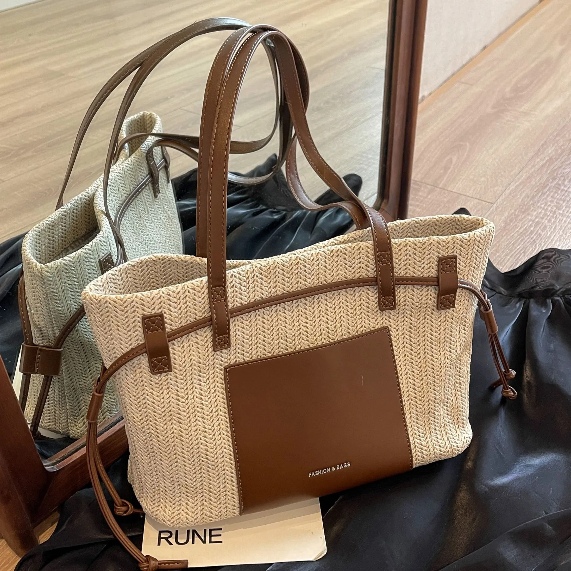 Woven Tote Bag Straw PU Leather Large Capacity Contrast Color Summer Beach Vacation Handbag For Women Casual