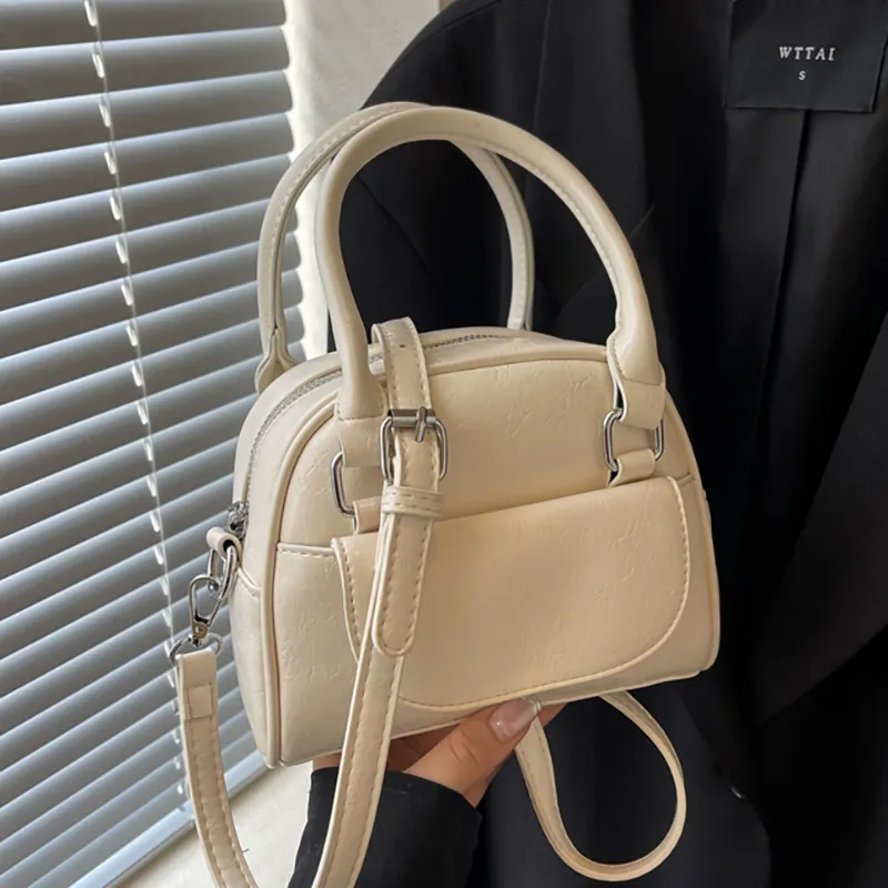 Women Retro PU Leather Shell Bag Chic Korean Ins Style Crossbody Shoulder Handbag Small Bowling Bag Solid Color Tote