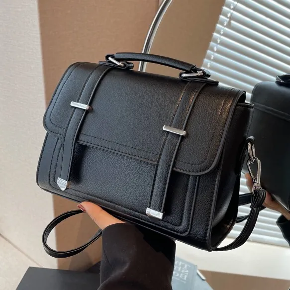 Women Vintage PU Leather Small Square Bag Lychee Pattern Crossbody Shoulder Bag With Silver Hardware Handbag Office Daily