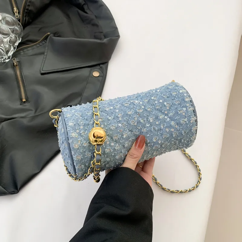 Sac Bandoulière Cylindre Tweed Paillettes Femme Denim Matelassé Chaîne Crossbody Sac À Main Avec Boucle Boule Dorée