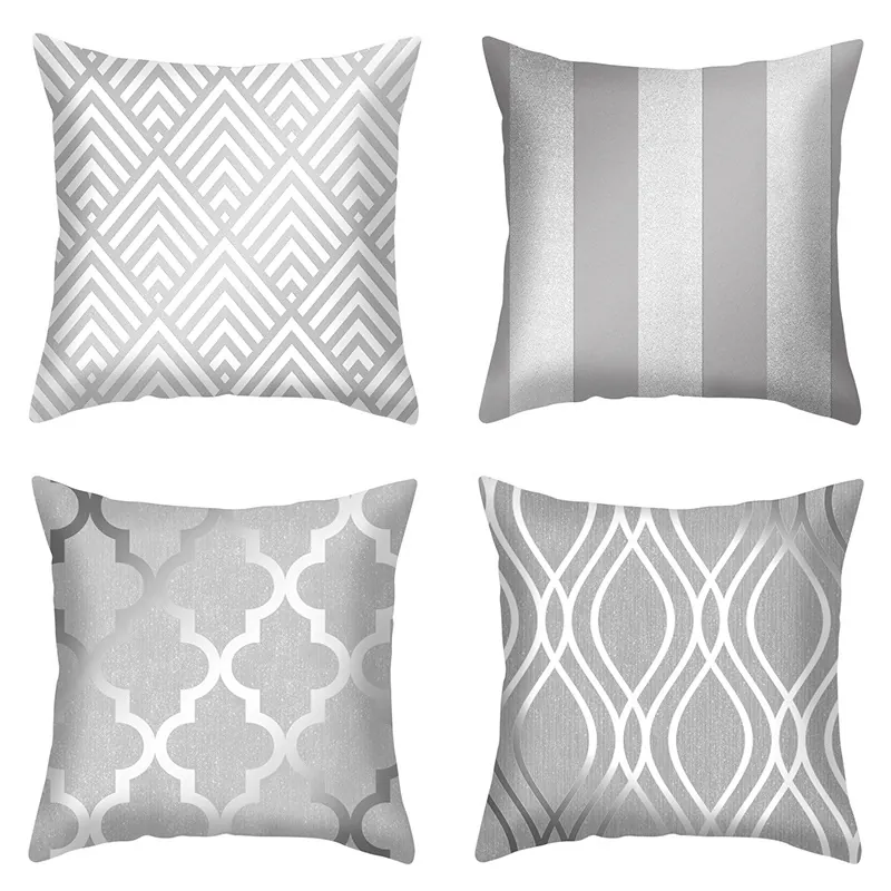 Geometric Cushion Cover Silver Grey Peach Skin Square Decorative Pillowcase For Sofa Home Car Office Decor