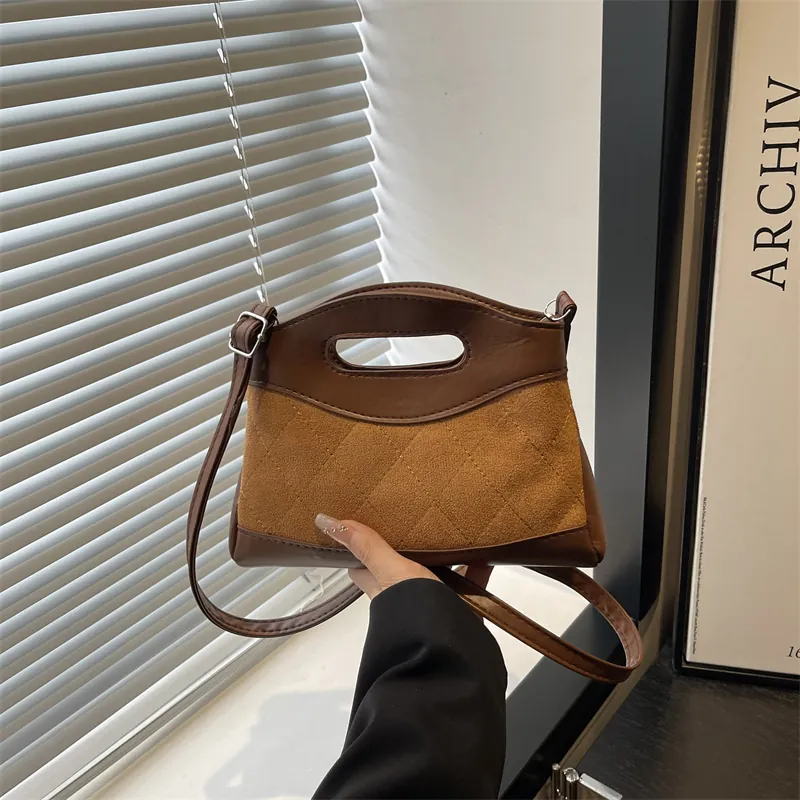 Vintage Quilted PU Leather And Suede Patchwork Shoulder Bag For Women Small Square Crossbody Bag With Adjustable Strap Handbag