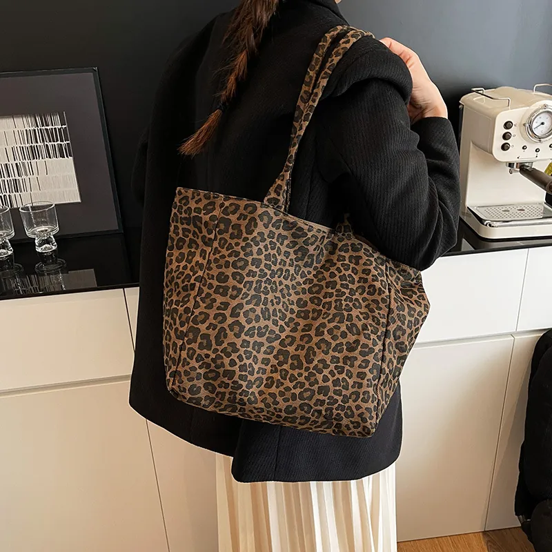 Leopard Print Reversible Tote Bag Fabric Large Capacity Daily Casual Simple Retro Shoulder Handbag For Women