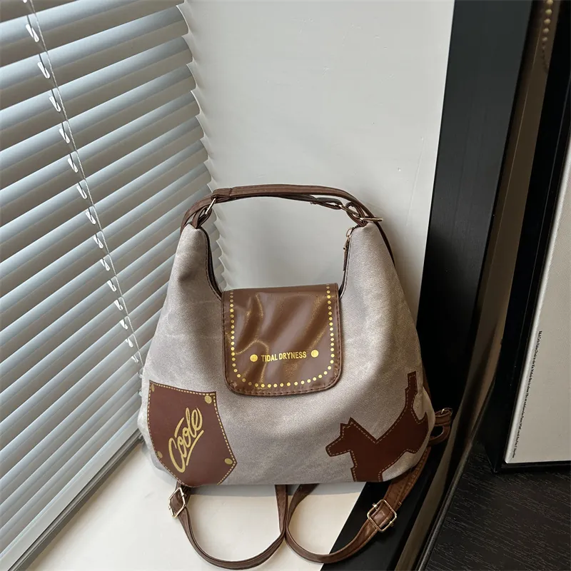 Retro Canvas And Leather Tote Bag Women Multi-functional Shoulder Crossbody Handbag Vintage Patchwork Dog Design