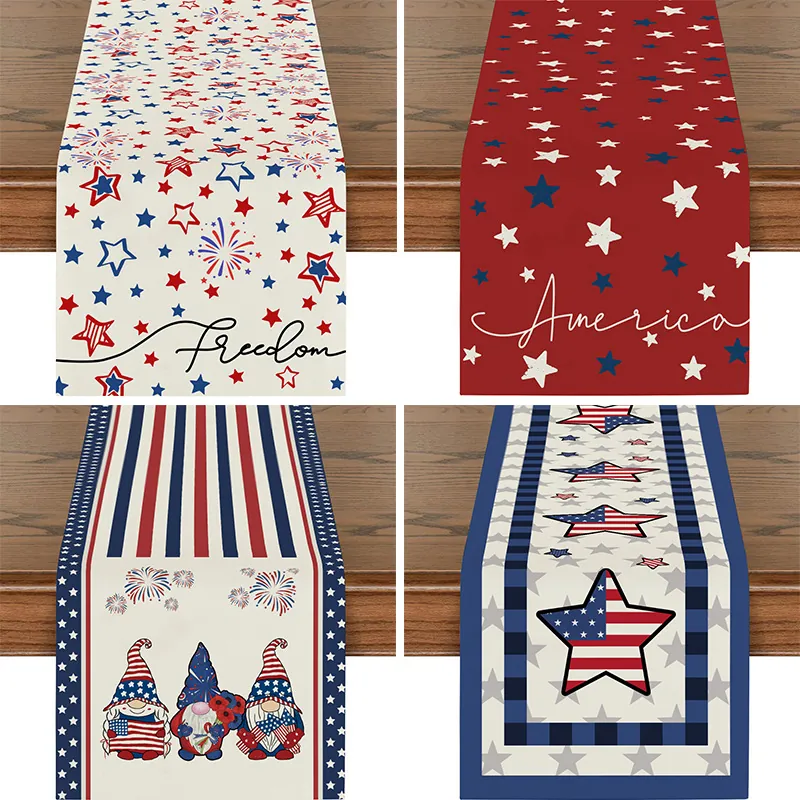 Table Runner American Independence Day Decoration Stars Stripes Printed Polyester Linen Patriotic Home Dining Party Decor