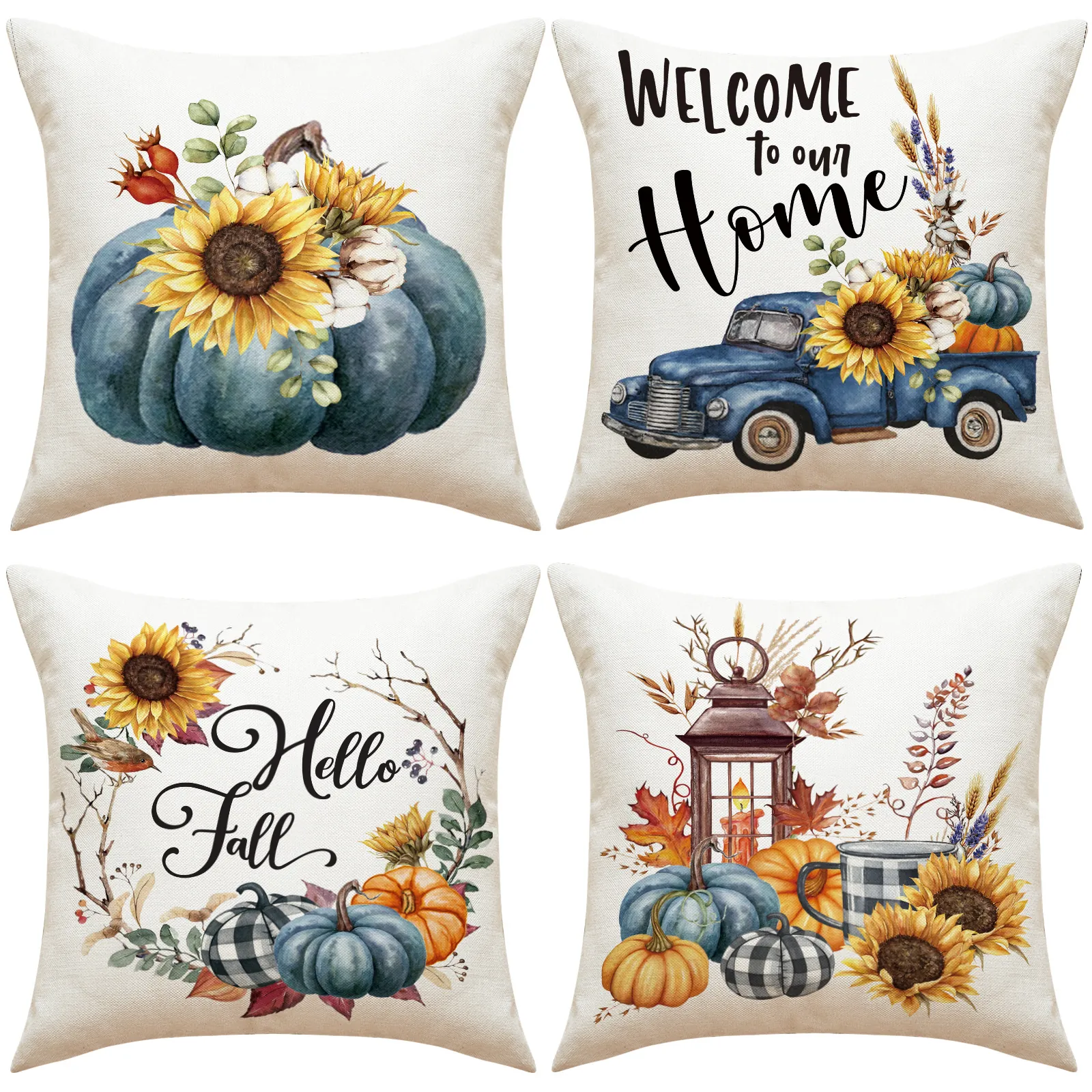 Fall Pillow Covers Watercolor Pumpkin Sunflower Maple Leaf Polyester Linen Texture Farmhouse Autumn Thanksgiving Decor