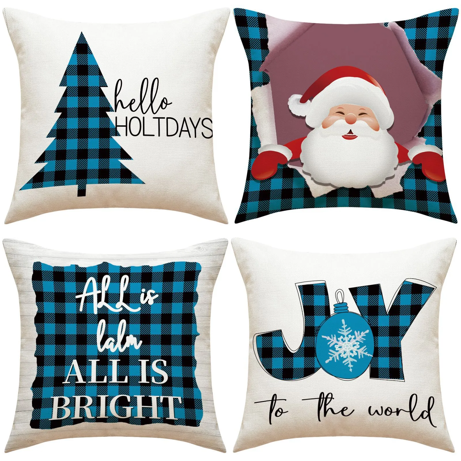 Christmas Pillowcase Decorative Linen Polyester Buffalo Plaid Santa Claus Tree JOY For Sofa Couch Home Decor Theme