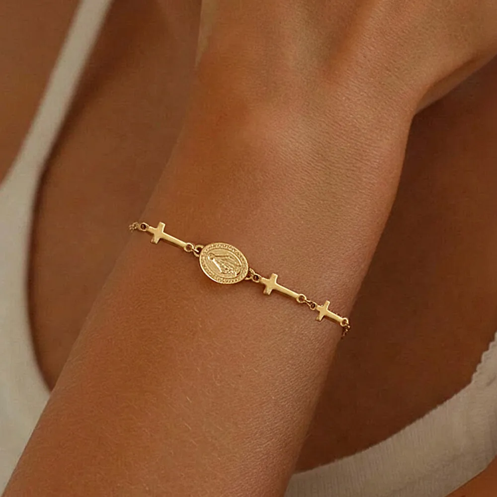 Religious Cross Bracelet Virgin Mary Medal Stainless Steel 18K Gold Plated Vintage Catholic Jewelry For Women