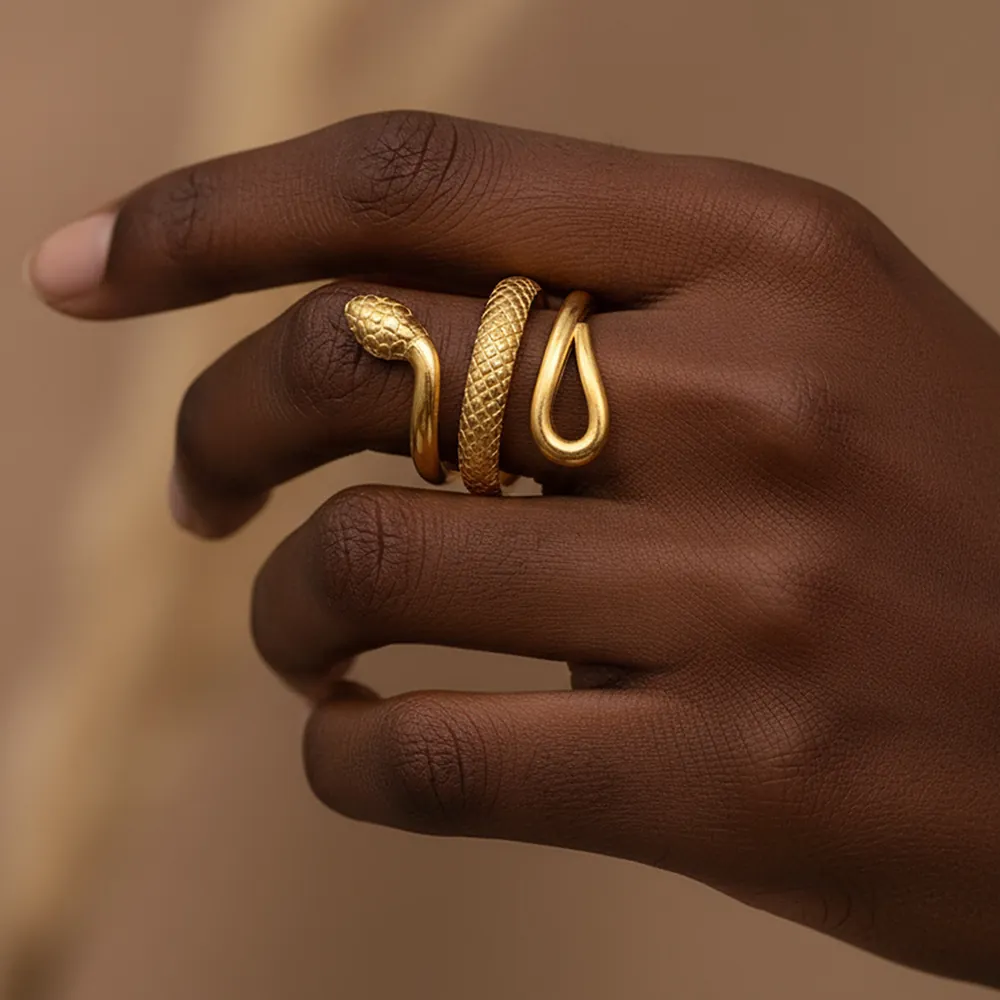 Hip Hop Stainless Steel Snake Ring For Women 18K Gold Plated Open Adjustable Animal Shape Statement Finger Jewelry