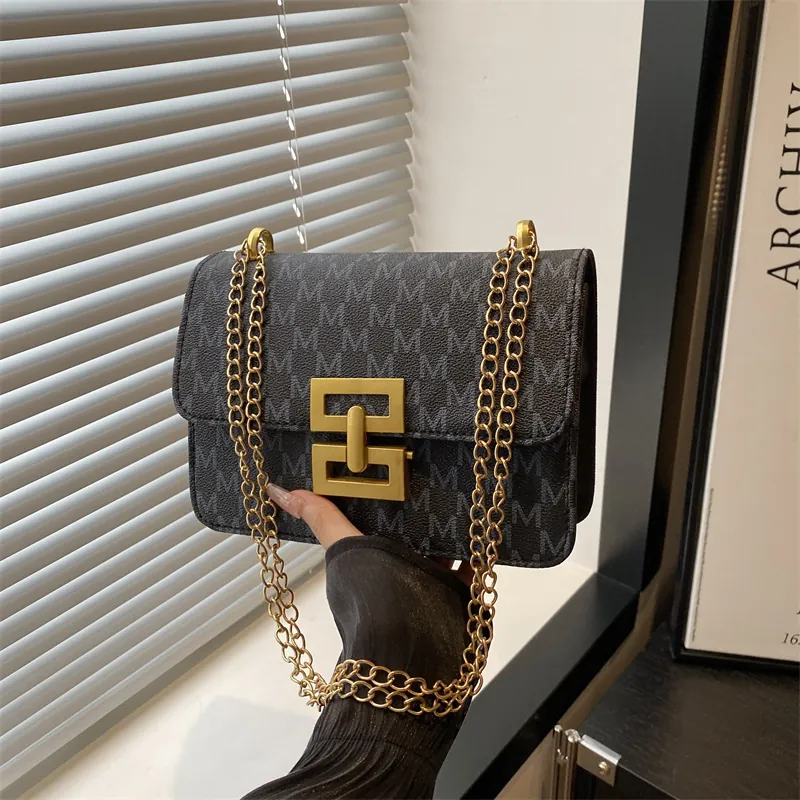 Fashion Printed Small Square Bag Women Retro PU Leather Monogram Crossbody Bag Gold Chain Strap Metal Buckle Shoulder Bag