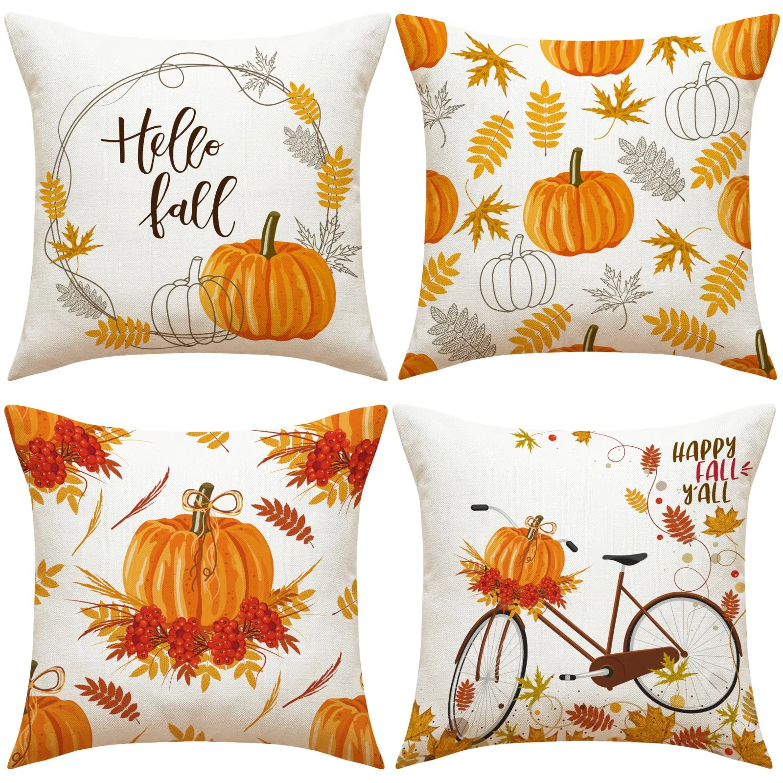 Fall Decorative Throw Pillow Covers Autumn Harvest Pumpkin Maple Leaf Linen Textured Thanksgiving Farmhouse Home Sofa Decor