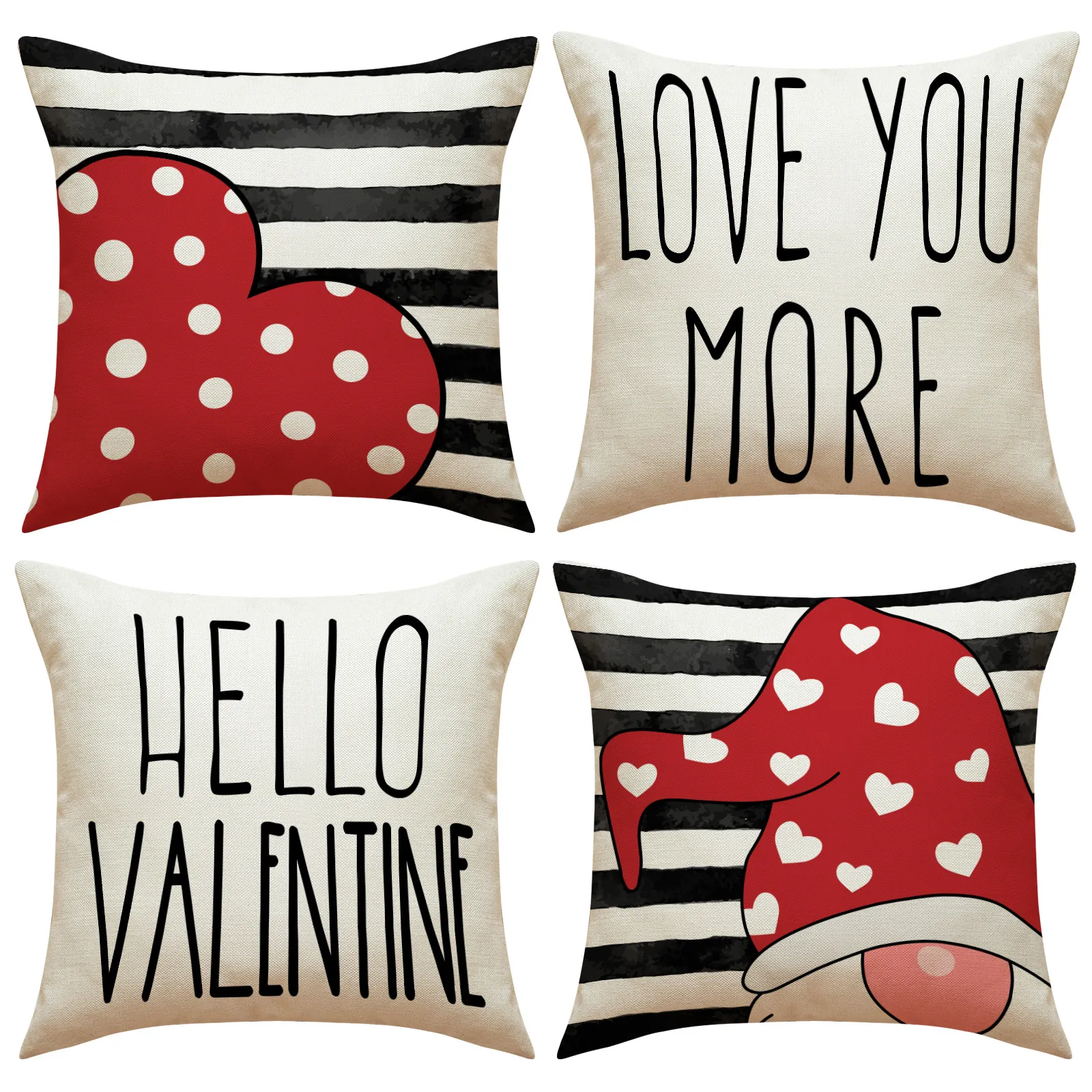 Valentine Day Throw Pillow Covers Linen Polyester Blend Heart Gnome Stripes Cushion Case Home Sofa Decor