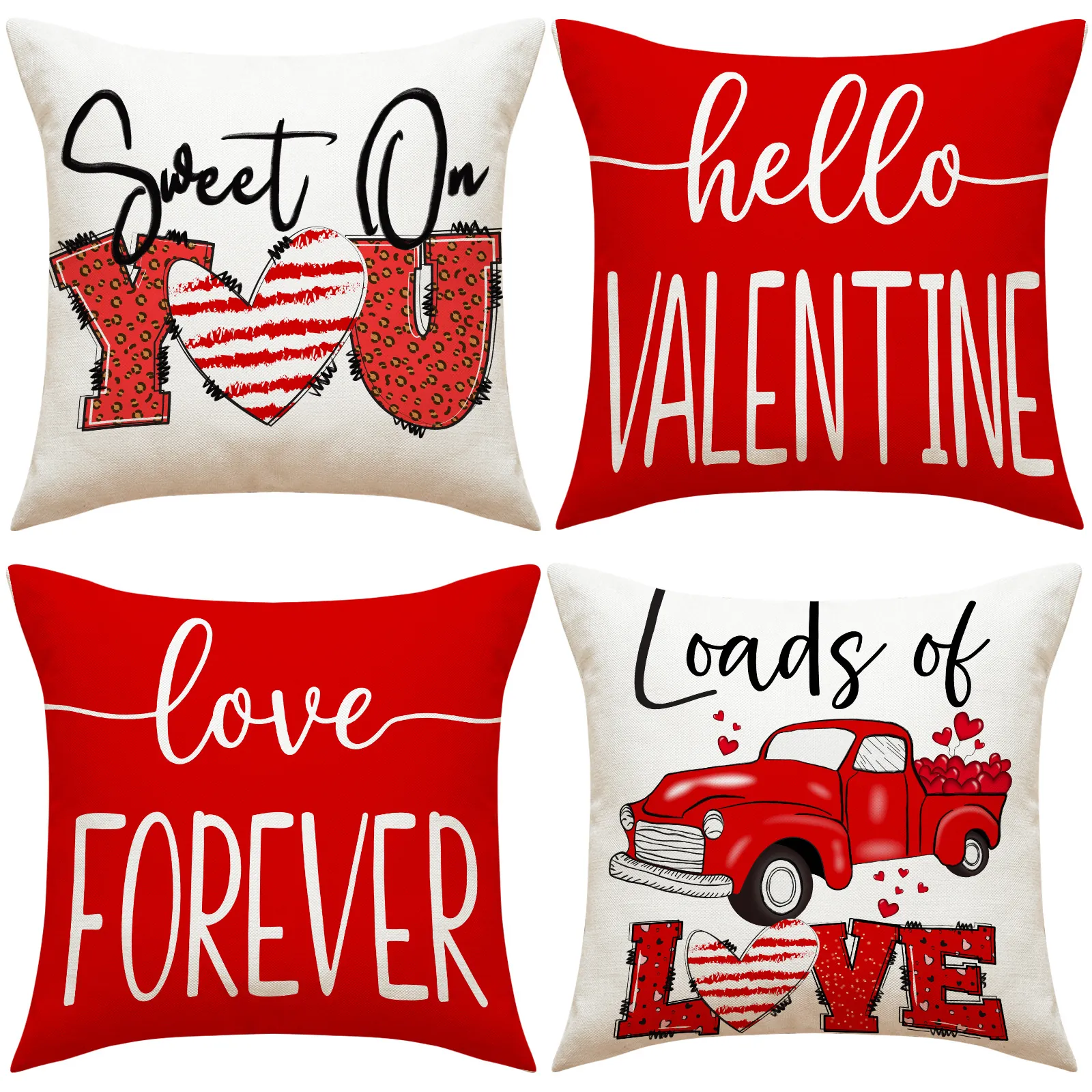 Housses de Coussin Saint Valentin en Lin Polyester Cœur Camion Rouge Amour Décoratif Housse de Coussin Maison Cadeau