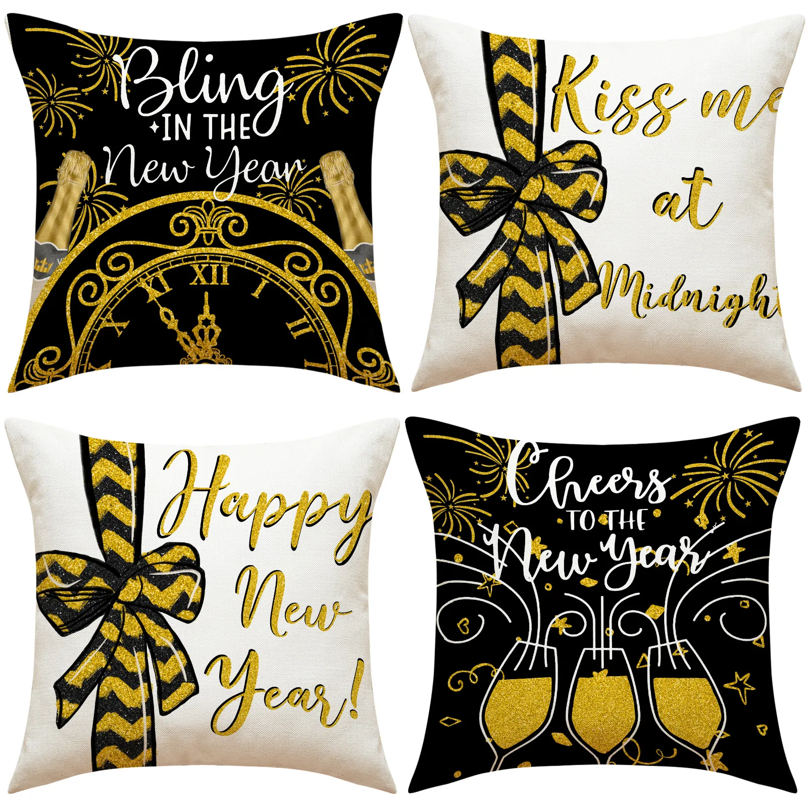 Happy New Year Cushion Cover Linen Polyester Black Gold Fireworks Clock Midnight Decorative Pillowcase Party Decor