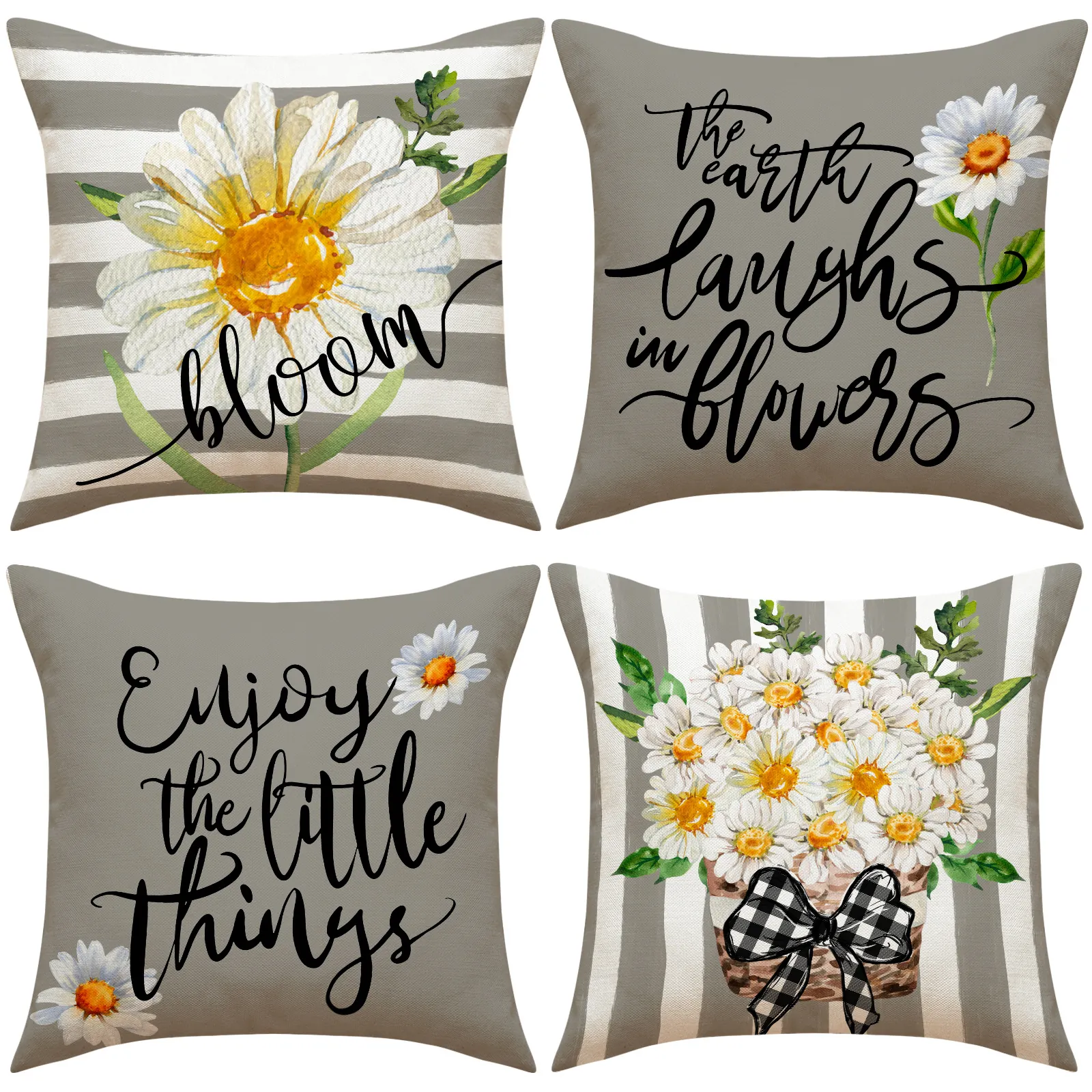 Linen Daisy Flower Throw Pillow Cover Decorative Square Cushion Case For Sofa Couch Living Room Modern Rustic Home Decor